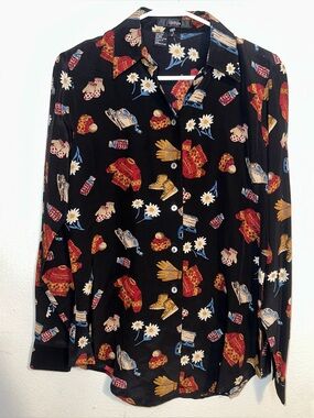 ISHYU Black Silk Button-Up Blouse with Floral & Patchwork Motifs